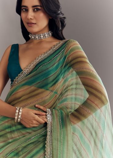 Green Shaded Tissue Saree With Cutwork Scallop Border
