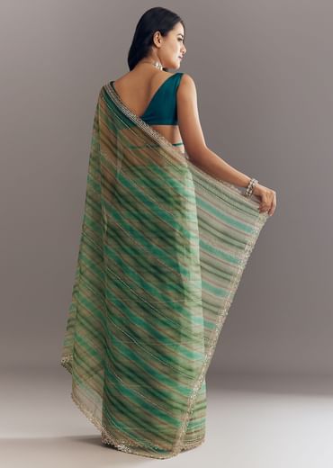 Green Shaded Tissue Saree With Cutwork Scallop Border