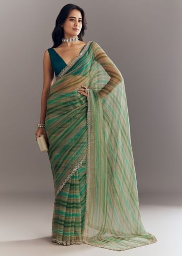 Green Shaded Tissue Saree With Cutwork Scallop Border