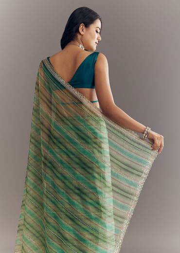 Green Shaded Tissue Saree With Cutwork Scallop Border