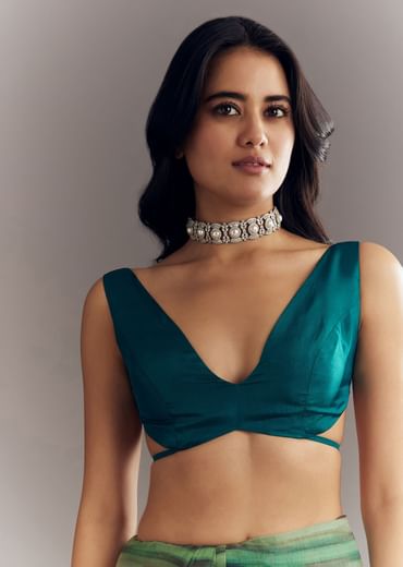 Green Shaded Tissue Saree With Cutwork Scallop Border
