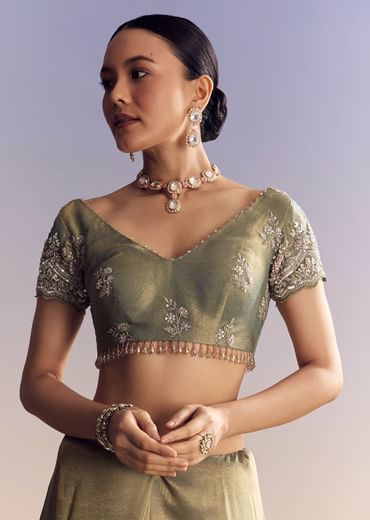 Green Shaded Tissue Saree With Embroidered Borders