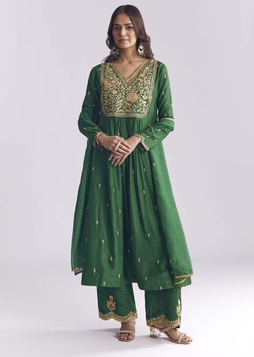 Green Silk Anarkali Suit With Zari Thread Work