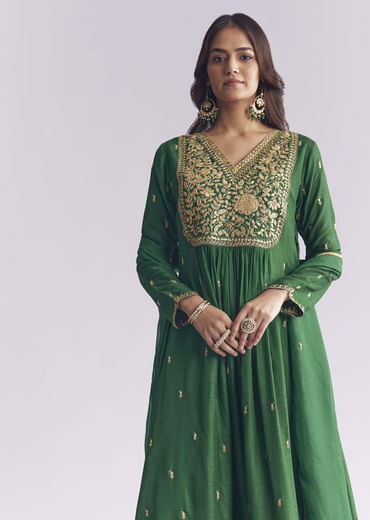 Green Silk Anarkali Suit With Zari Thread Work