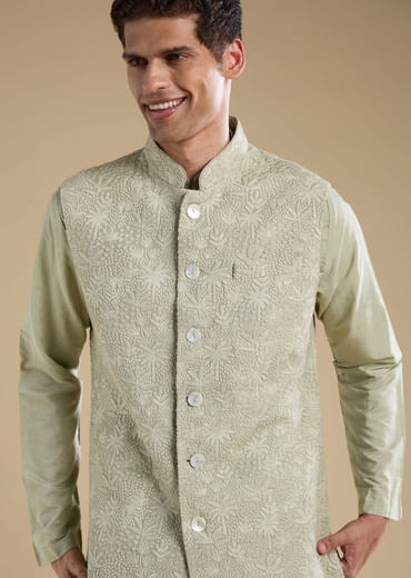Green Silk Jacket Kurta Set with Thread Work
