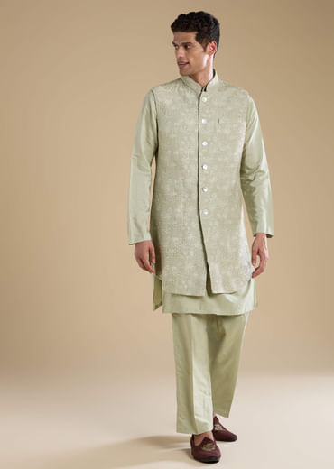Green Silk Jacket Kurta Set with Thread Work