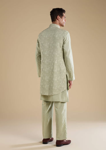Green Silk Jacket Kurta Set with Thread Work