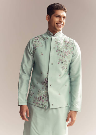 Green Silk Kurta Jacket Set For Men With Heavy Embroidery