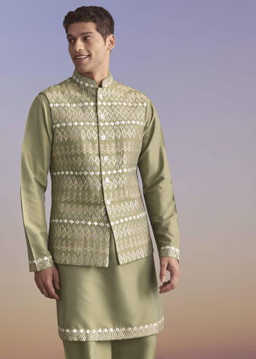 Green Silk Kurta Jacket Set For Men With Intricate Hand Embroidery