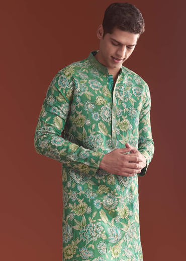 Green Silk Kurta Set For Men With Floral Resham Work
