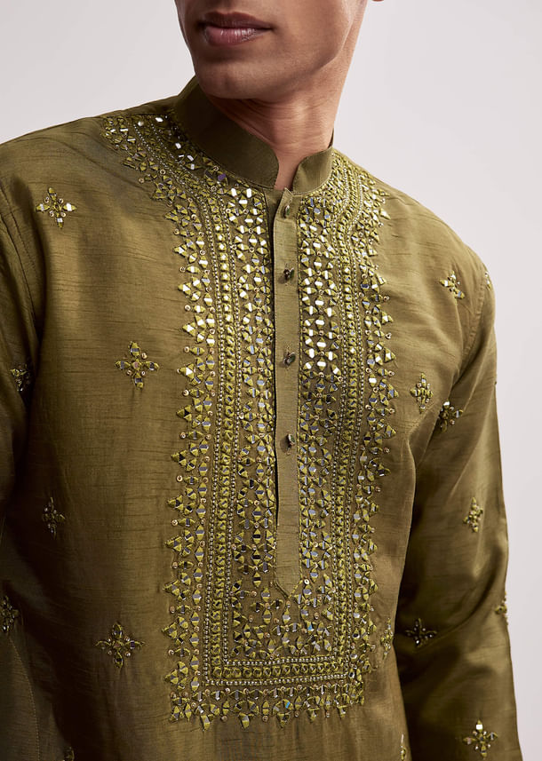Green Silk Kurta Set For Men With Hand Embroidery