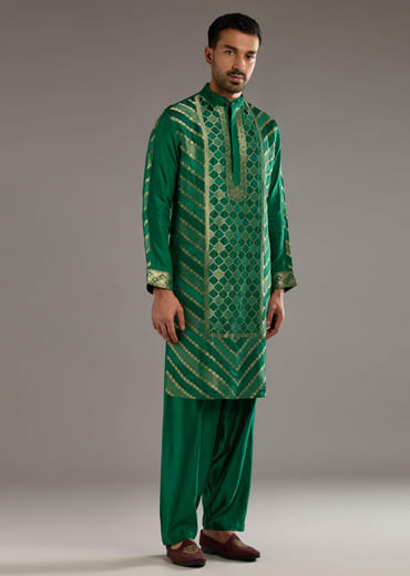 Green Silk Kurta Set For Men With Handwoven Jacquard Work