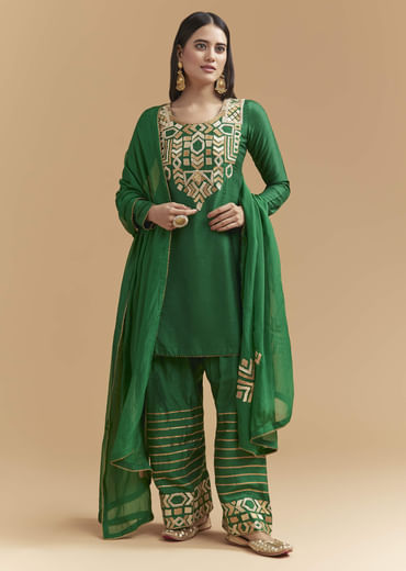 Green Silk Kurta Set With Gota Work