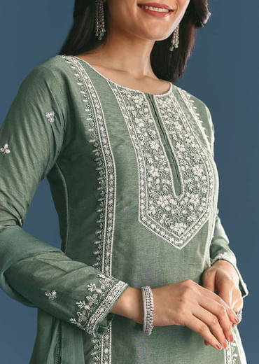 Green Silk Kurta Set With Moti And Cutdana Sharara