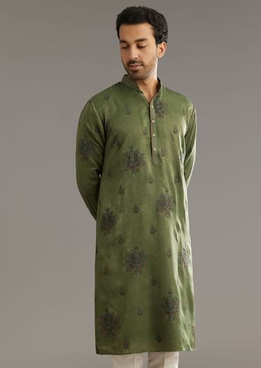 Green Silk Kurta Set With Printed Artwork