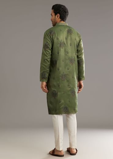 Green Silk Kurta Set With Printed Artwork