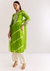 Green Silk Leheriya Kurta Set With Moti Work