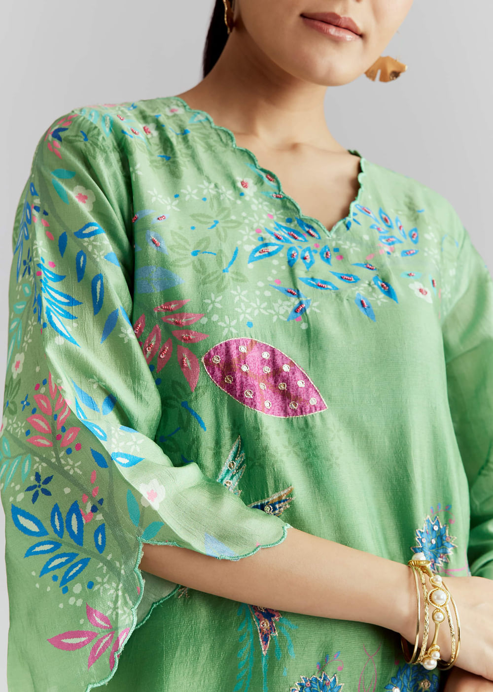 Green Silk Palazzo Suit With Floral Print And Beads Work
