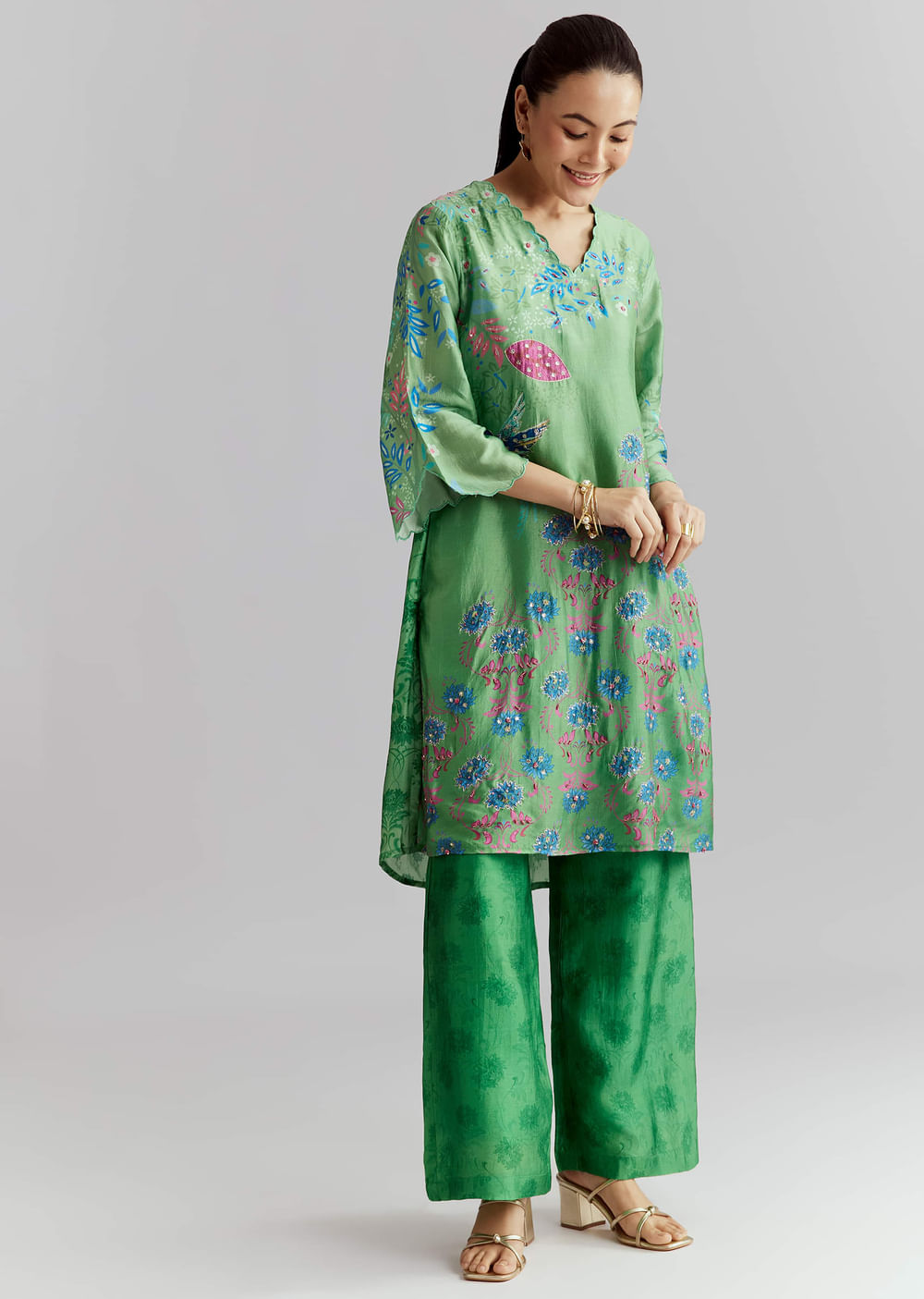 Green Silk Palazzo Suit With Floral Print And Beads Work