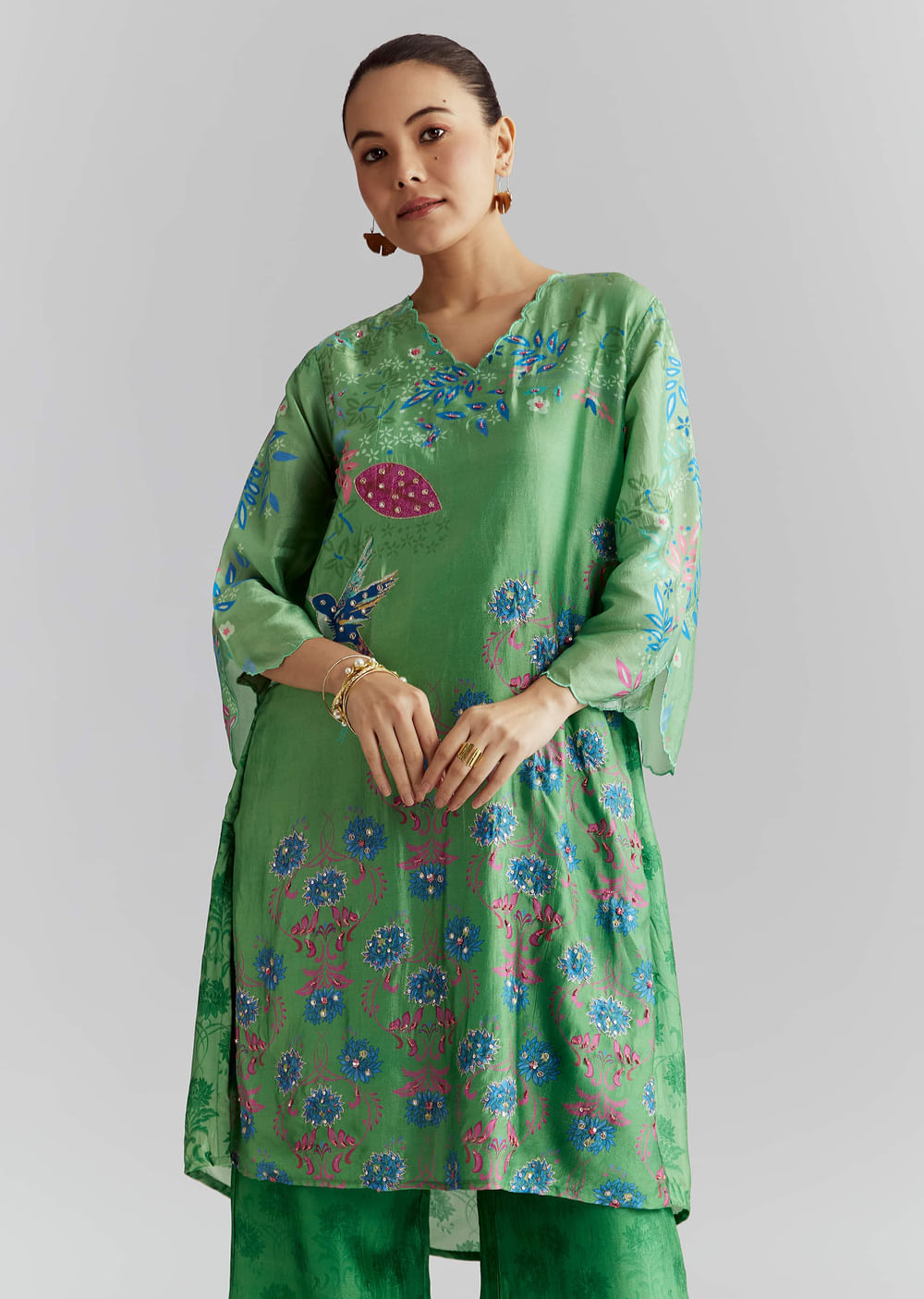 Green Silk Palazzo Suit With Floral Print And Beads Work