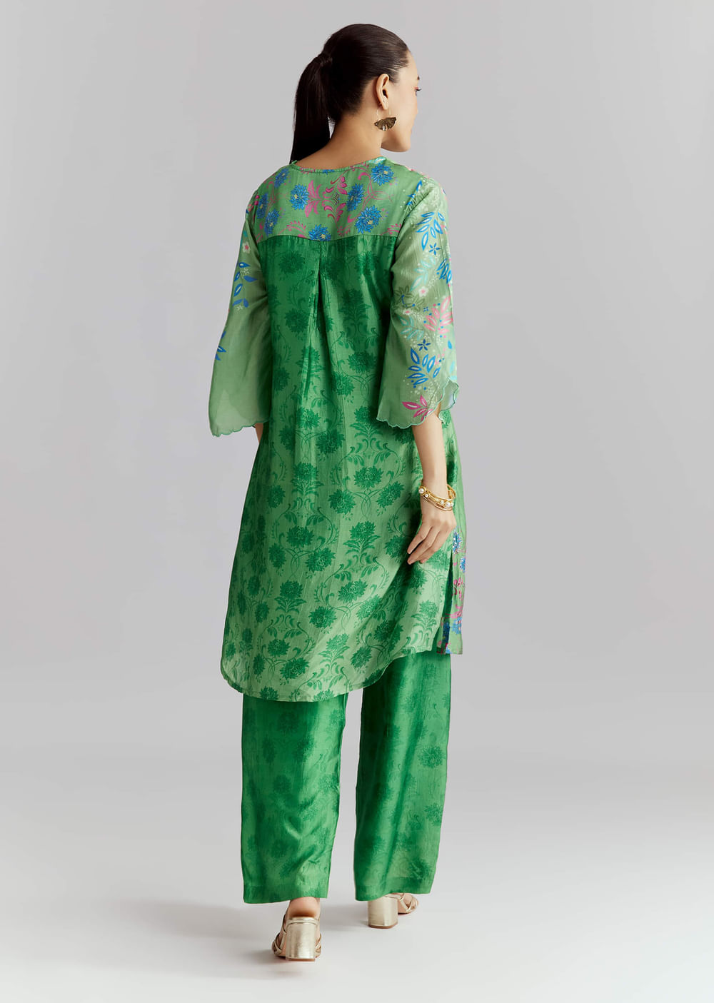 Green Silk Palazzo Suit With Floral Print And Beads Work