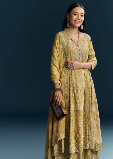 Green Silk Printed Anarkali Suit With Resham Work