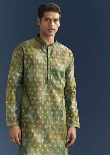 Green Silk Printed Kurta Set For Men With Foil Butti Work