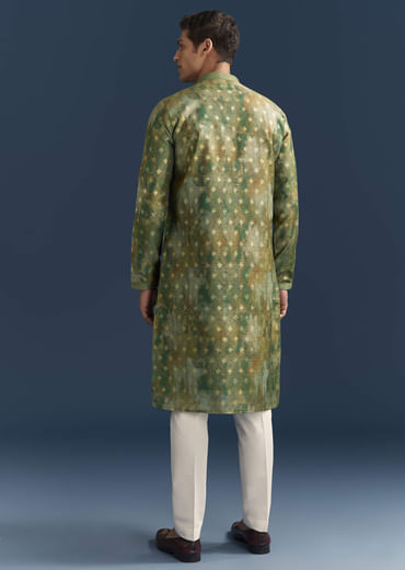 Green Silk Printed Kurta Set For Men With Foil Butti Work