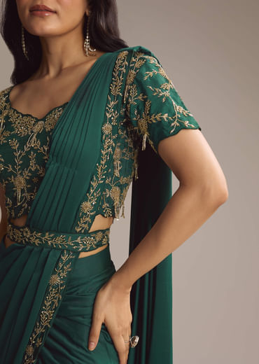 Green Silk Ready Pleated Saree With Cutdana Work