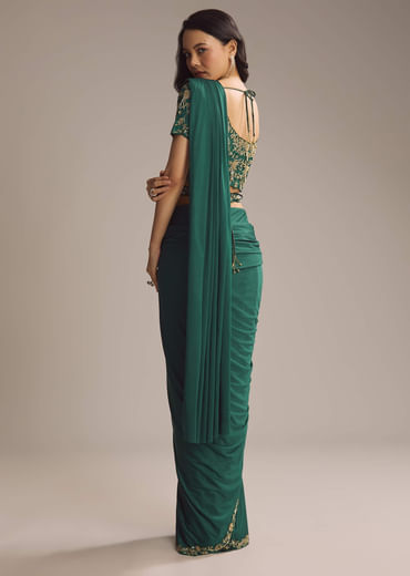 Green Silk Ready Pleated Saree With Cutdana Work