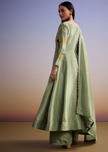 Green Tissue Anarkali Suit With Gotta Work And Dupatta