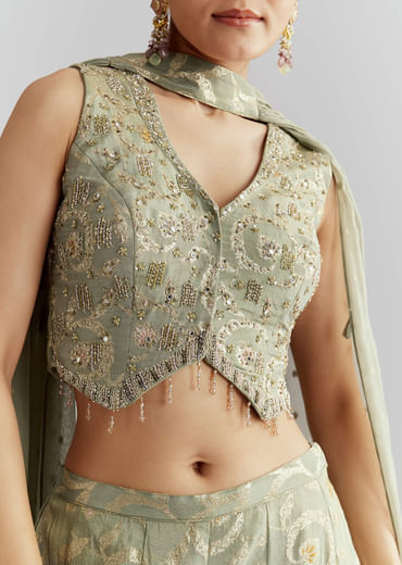 Green Tissue Crop Top And Palazzo Pant Set With Embroidery