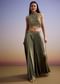 Green Tissue Crop Top Set With Orange Pastel Embroidery