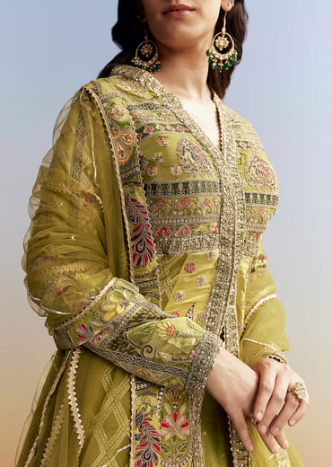 Green Tissue Kurta Lehenga Set