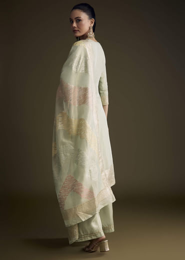Green Tissue Kurta Set With Cutdana And Sequins Embroidery