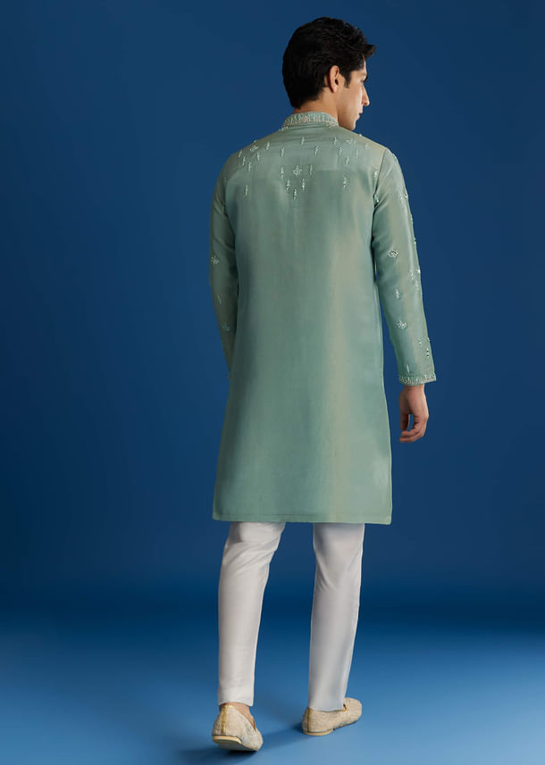 Green Tissue Kurta Set With Cutdana Yoke