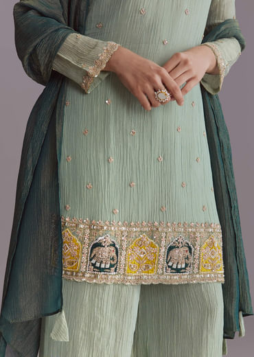 Green Tissue Palazzo Suit With Embroidery And Contrast Dupatta