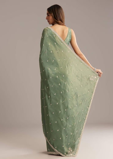 Green Tissue Saree With Bead And Cutdana Embroidery
