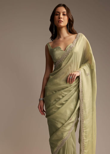 Green Tissue Saree with Cutdana and Sequin Embroidery