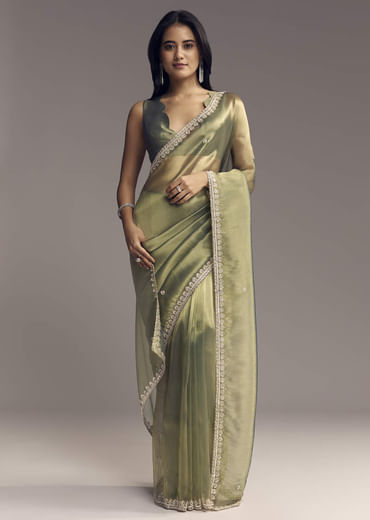 Green Tissue Saree With Embroidered Butti And Border