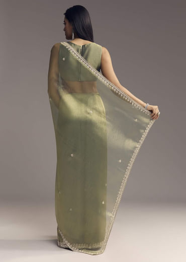 Green Tissue Saree With Embroidered Butti And Border