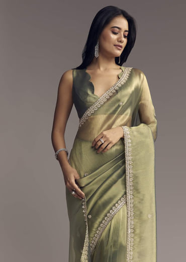Green Tissue Saree With Embroidered Butti And Border