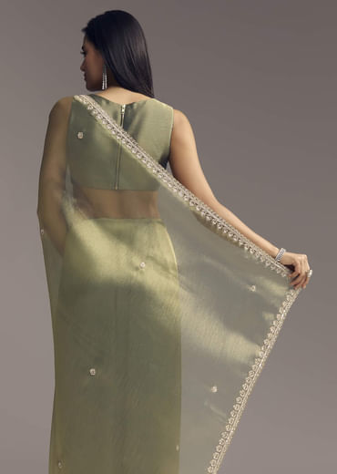 Green Tissue Saree With Embroidered Butti And Border