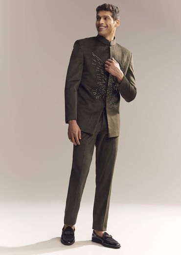 Green Velvet Jodhpuri Suit For Men With Cutdana And Moti Embroidery