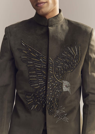 Green Velvet Jodhpuri Suit For Men With Cutdana And Moti Embroidery