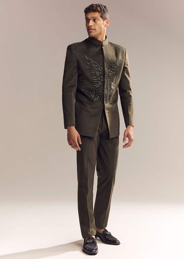 Green Velvet Jodhpuri Suit For Men With Cutdana And Moti Embroidery