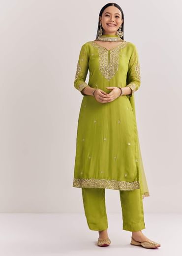 Green Zari Work Kurta Set With Chiffon Dupatta