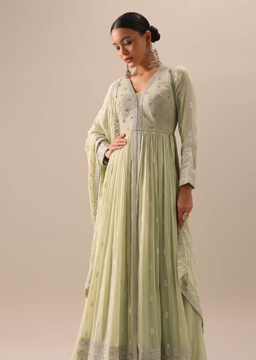 Green Anarkali And Lehenga Set With Lucknowi Work