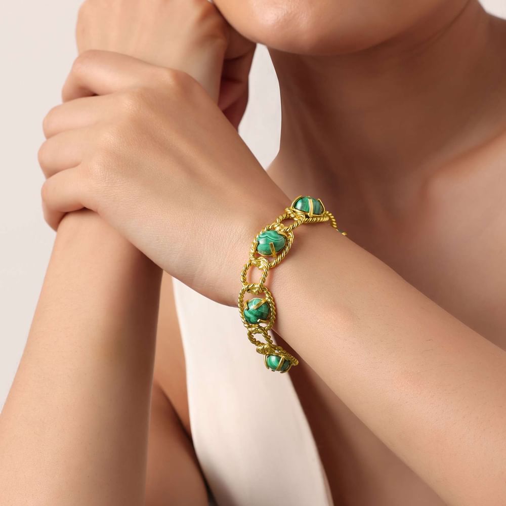 Green And Gold Kada Style Bracelet With Beads