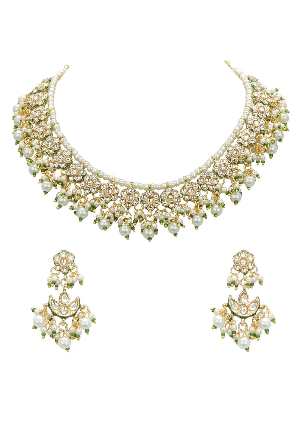 Green And Gold Kundan Short Necklace Set